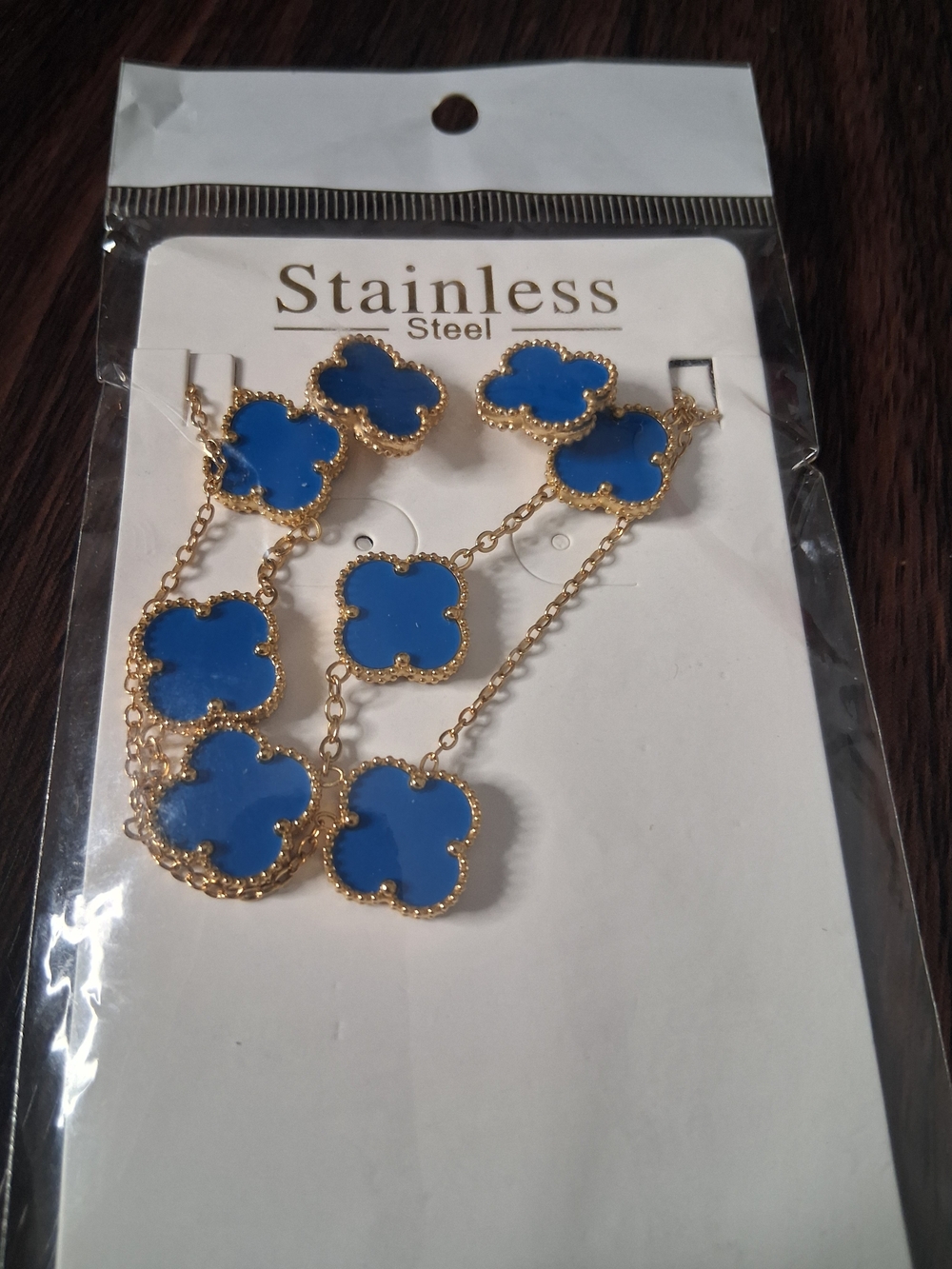 Gold-Tone Necklace with Blue Clover Accents Set